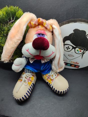 peluche ancien fizzy lapin salopette basket bleu rose saumon rayé blanc Rouge