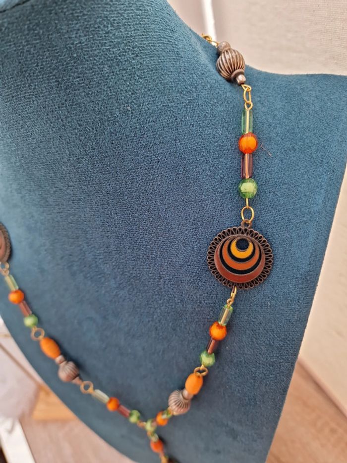 Collier Sautoir Doré Perles Orange Vert Marron - photo numéro 4