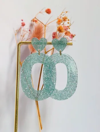 Boucles d'oreilles pendantes paillettes bleu ovale coeur
