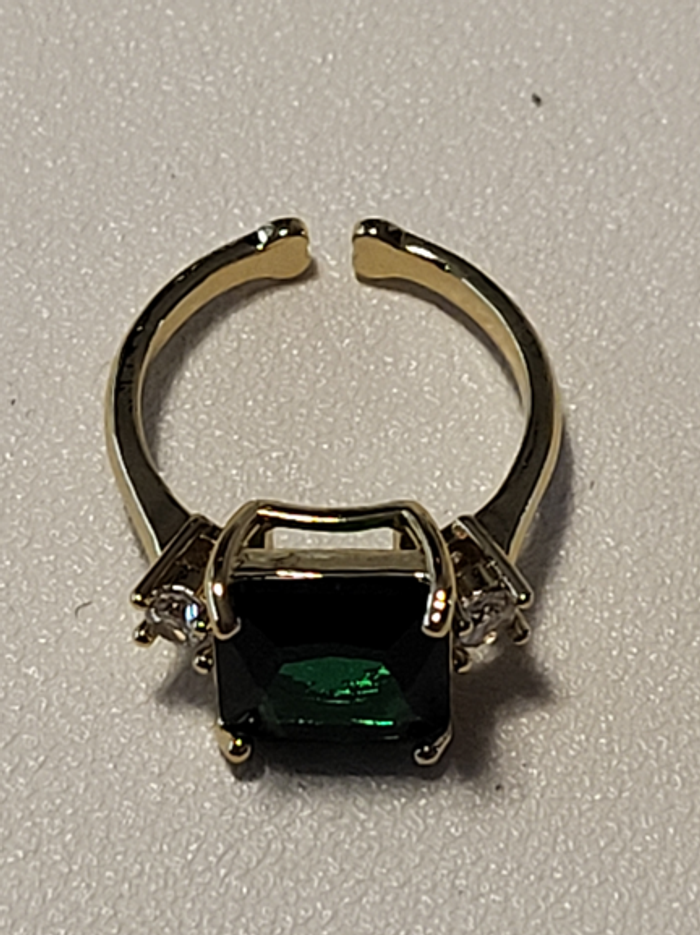 Bague en acier inoxydable doré, ajustable pierre carrée zircon vert - photo numéro 2