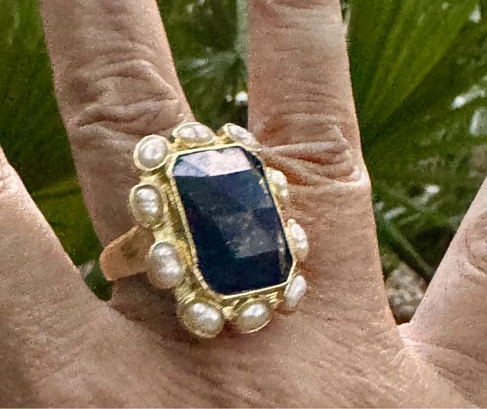 Grosse bague  acier inoxydable or grosse lapis-lazuli perles d’eaux douces serties habaha Paris - photo numéro 6
