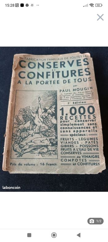 Livre ancien "Conservés et Confitures à la portée de tous par Paul Mougin"
