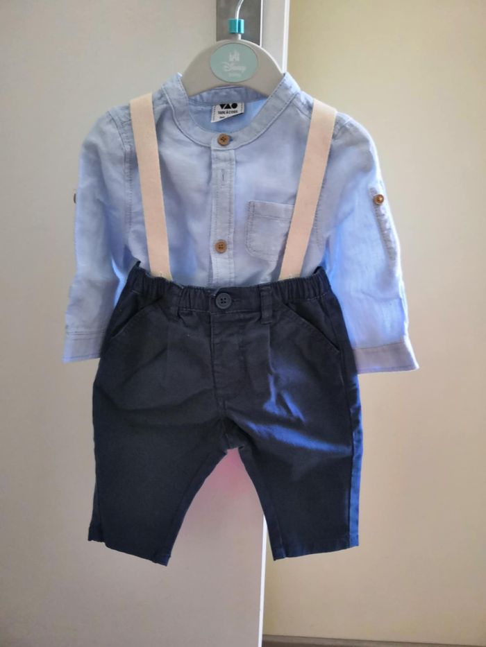 Ensemble 2 pièces (chemise avec col tunisien et poche + pantalon à bretelles, Bleu) 9 mois (71 cm) T