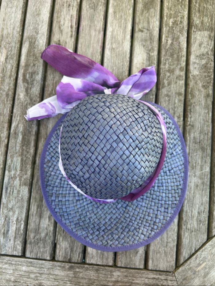 Chapeau de paille italien avec foulard - T.S - Violet et crème - photo numéro 4