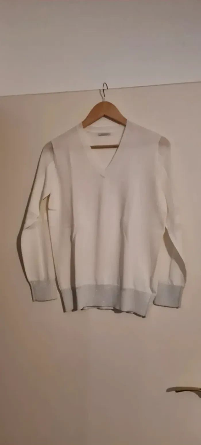 Pull col V beige et bas gris brillant IKKS