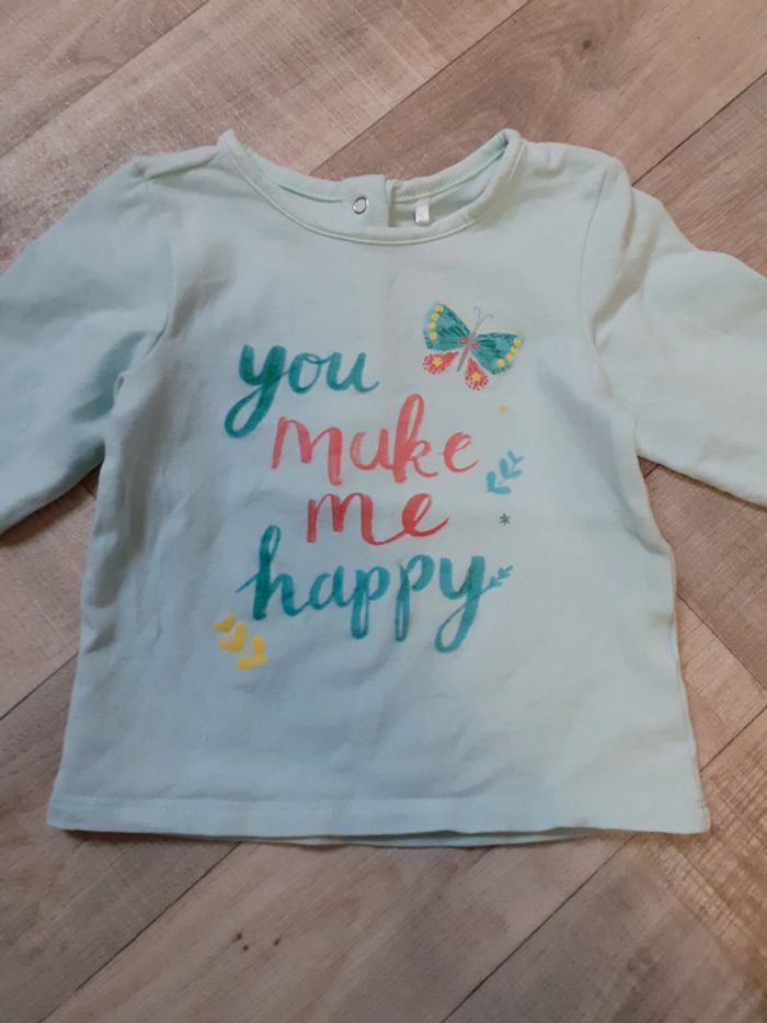 T-shirt fille manches longues turquoise papillon 12 mois neuf