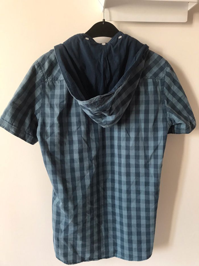 Chemise manches courtes à capuche à carreaux bleus - photo numéro 3