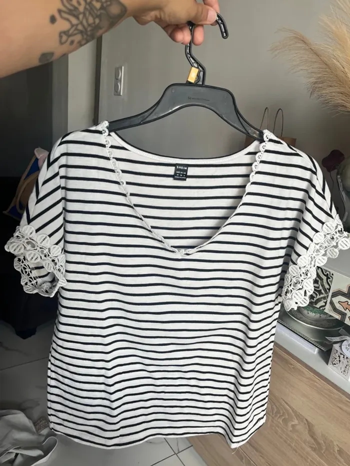 T shirt manche courte marinière dentelle
