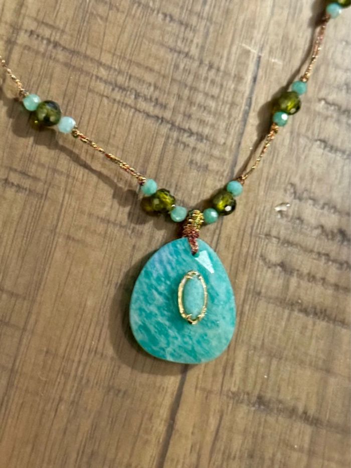 Collier réglable cordon tissé finitions chaîne réglable perles et pierre jade vert habaha Paris - photo numéro 3