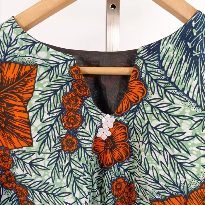 Top court volanté Wax imprimé fleuri tropical vert orange manches courtes A1458 - photo numéro 2