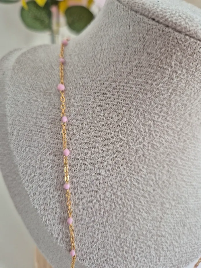 Parure de 2 bijoux : en acier inoxydable collier long et bracelet perles rose clair - photo numéro 3