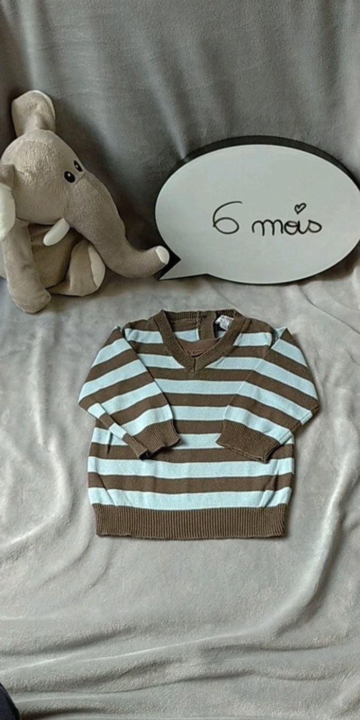 Pull léger col V Garçon 6 mois rayé marron et bleu clair 100% coton Kimbaloo Boy