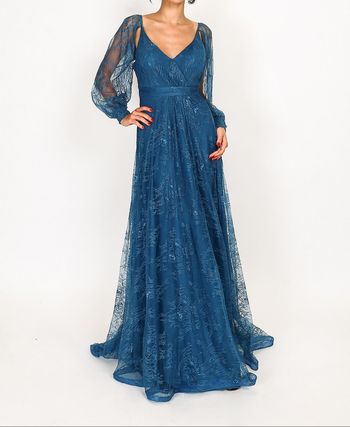 Robe cérémonie mariage bleu petrole en dentelle manche longue taille 36