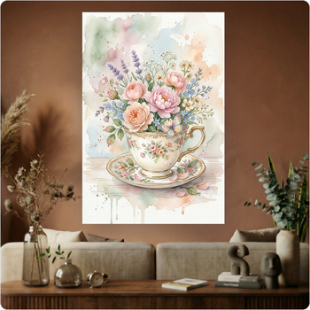 Affiche murale "Tasse Fleurie Vintage" poster floral aquarelle déco chic A3 Sans cadre