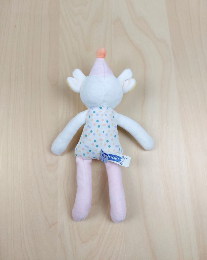 Doudou peluche vache DODIE 26 cm blanc rose jaune chapeau et corps tissu à pois - photo numéro 2