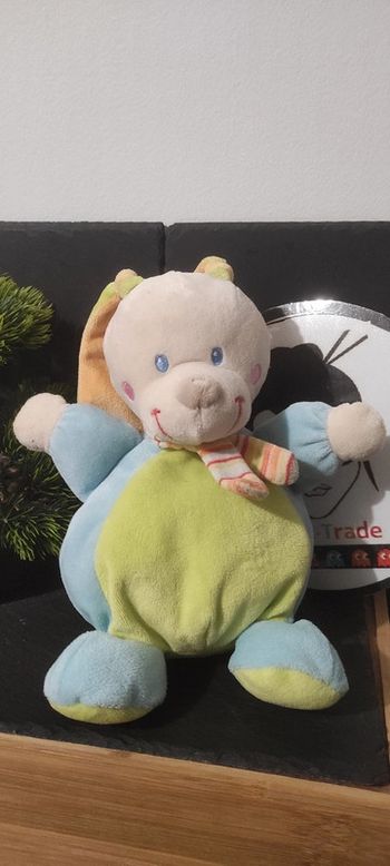 Doudou lapin vert bleu écharpe rayé mots d'enfants peluche boule orange rayé rayure