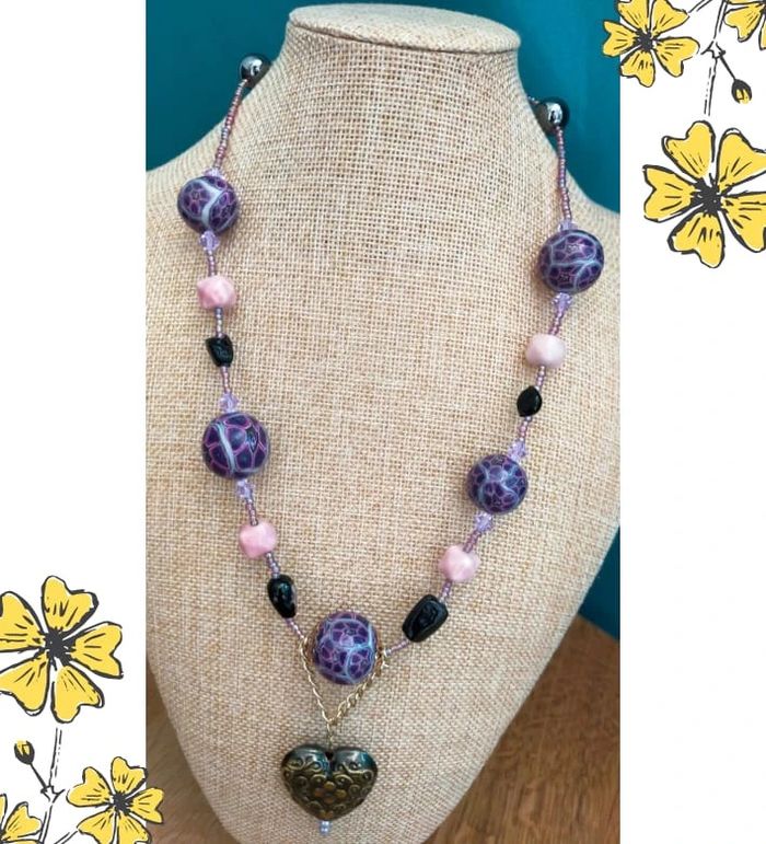 Collier fait main perles polymère & cœur doré – Collection Reflets de Lavande - photo numéro 11