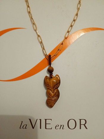 Collier femme plaqué or, pendentif renard oeil du tigre 