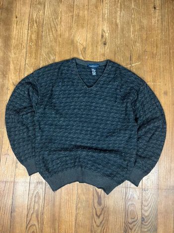 Pull maille vintage coton laine col V noir marine L Made in Italy