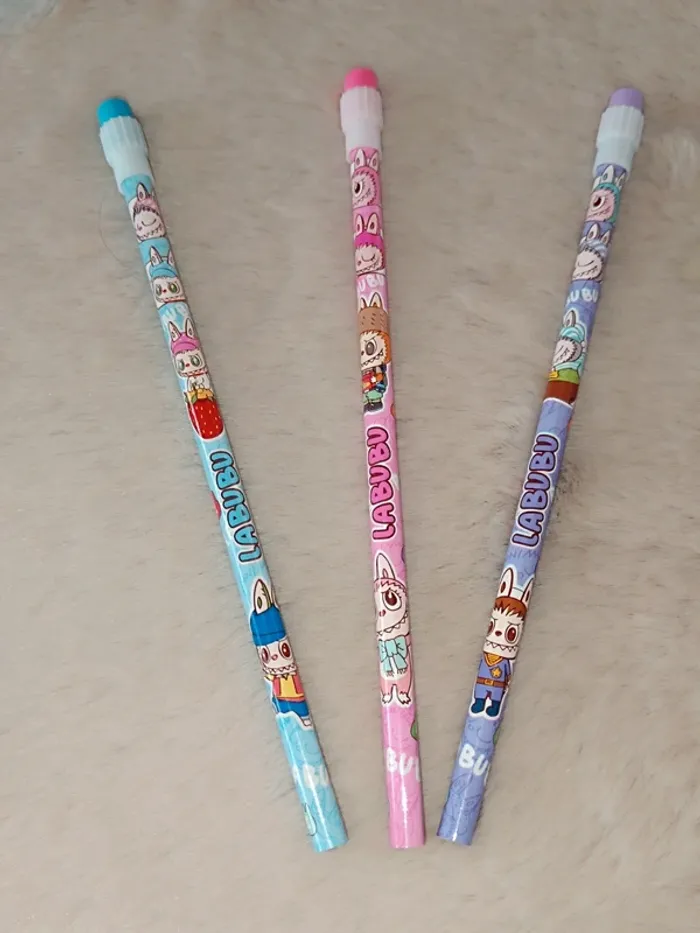 Lot de 3 crayons de papier-Gomme🩵 Labubu💜