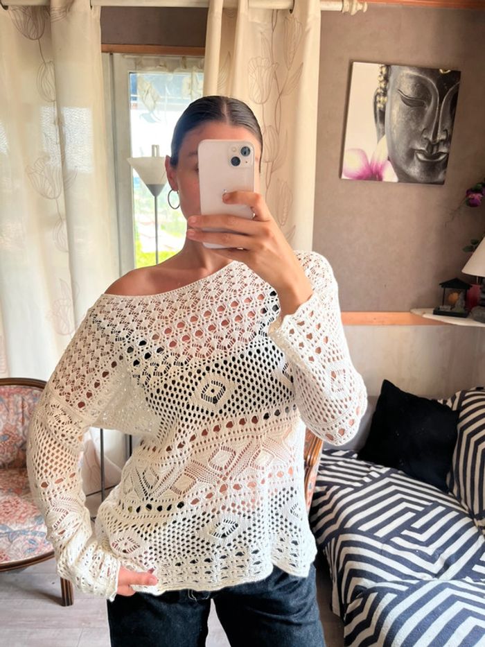 Top maille filet Ibiza vintage bohème champêtre hippie y2k 2000yer asymétrique - photo numéro 2