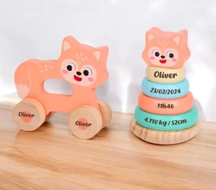 Ensemble jouets en bois personnalisés – Tour à empiler & animal à tirer – Cadeau de naissance gravé - photo numéro 3