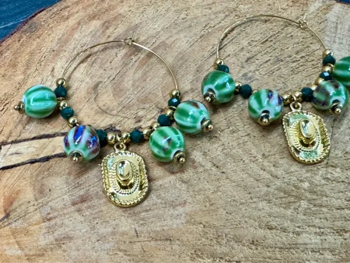 Boucles d’oreilles créoles fermées perles porcelaine chapeau acier inoxydable or - photo numéro 2