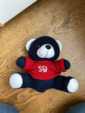 Peluche doudou ours bleu rouge
