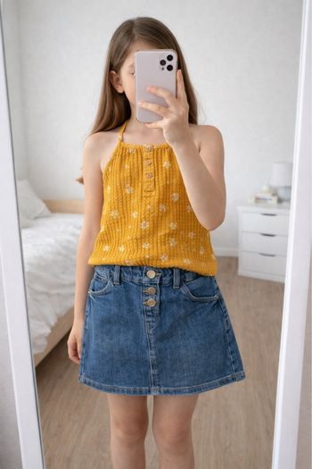 Ensemble débardeur moutarde fleuri et jupe en jean 8 ans