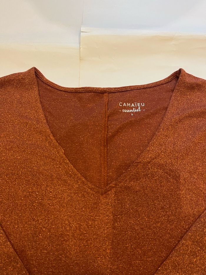 Haut / tshirt orange pailleté manches courtes / 3/4 camaïeu taille S/36 - photo numéro 2