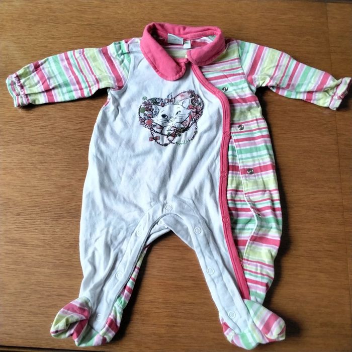 Pyjama une pièce, blanc avec des rayures, motif de chat, Disney Baby , 3M