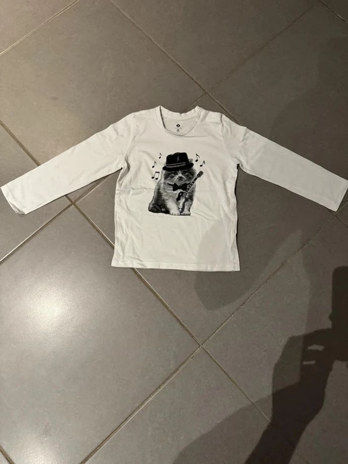 T shirt manches longues - Z - Chat rockeur / Guitare - Blanc - 4 ans