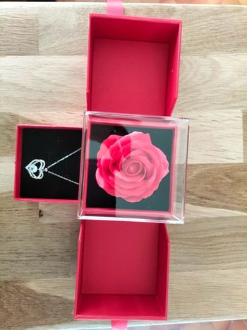 Coffret rose éternelle rouge collier coeur argenté