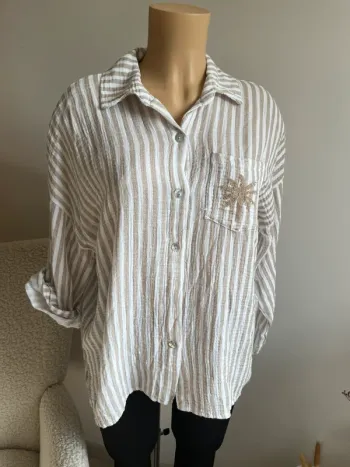 Chemise camel et blanche rayée, palmier imprimé 100% coton taille unique