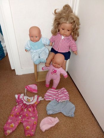 Lot de 3 poupons, poupées corps souple, jumeaux, jeu, jouet enfant, vêtements, habits, 45 cm et 30 cm