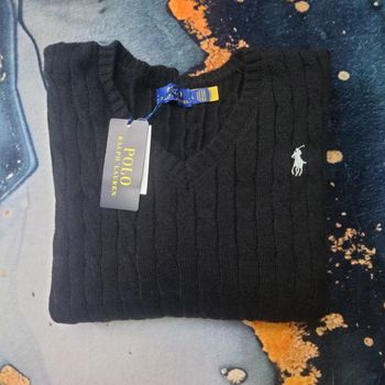 Pull torsadé à  col V Ralph Lauren - Taille L - Noir logo brodé blanc - Neuf