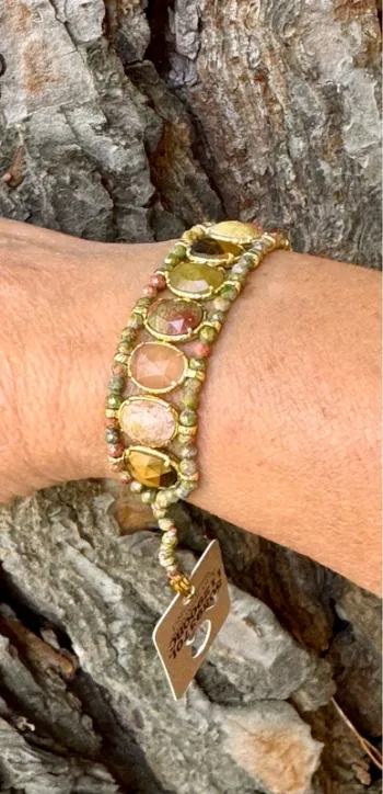 Bracelet manchette pierres véritables jade amazonite quartz jaspe habaha  Paris