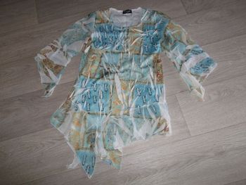 Tunique C PRIME tons turquoises dorés blancs tissu froissé taille S/M TBE