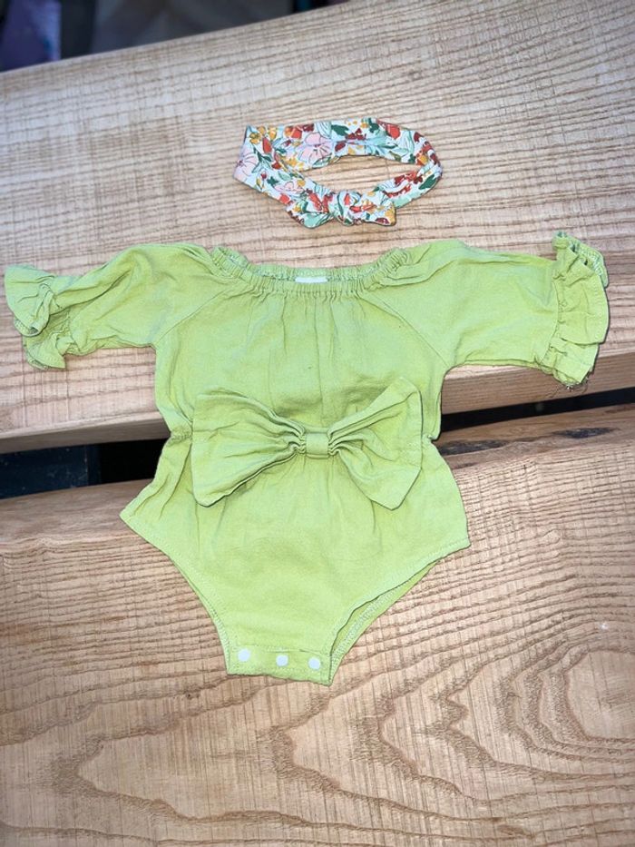 Ensemble 3- 6 mois barboteuse fleurs liberty d’été avec bandeau assorti marque pat pat - photo numéro 2