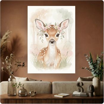 Affiche murale “Faon Fleuri Forêt” illustration enfant bohème nature A3 Sans cadre