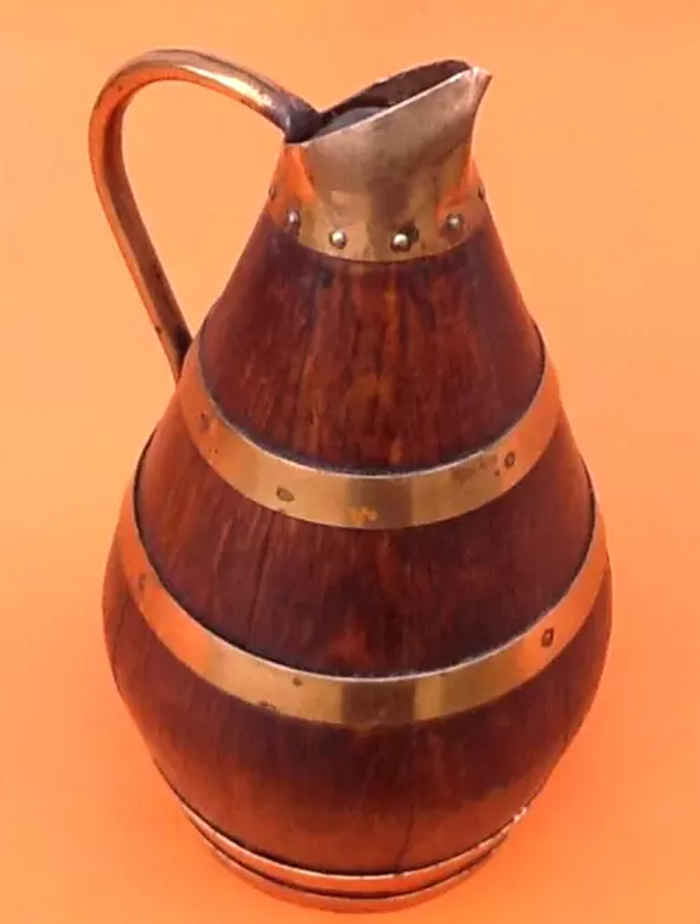 Années 1940 Pichet " tonneau " à cidre Bois de chêne cerclé de cuivre riveté - photo numéro 2