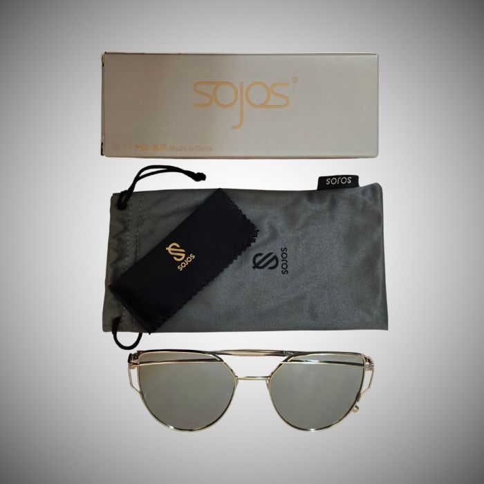 Lunettes de Soleil Femme Sojos – Monture Cat Eye Métal Doré – Verres Miroir Argenté/Gris – Neuf, Avec Étiquette