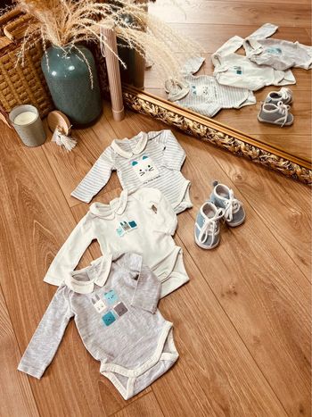 Taille naissance lot de 3 bodies manches longues garçon Obaibi blanc gris 💙