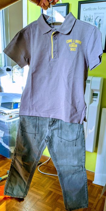 Ensemble jean gris polo mauve