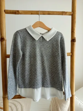 Pull gris col Claudine blanc 8 ans
