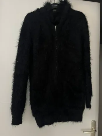 Veste manteau noir chaud fourré en moumoute et poil taille S