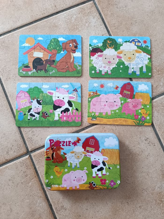 4 puzzles enfants évolutifs dans sa boîte métallique sur le thème de la ferme