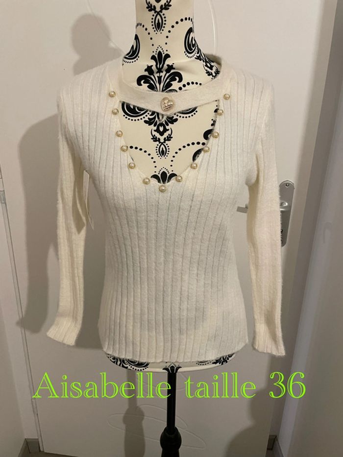 Pull doux manche longue blanc col V perle strass cœur neuf aisabelle taille 36