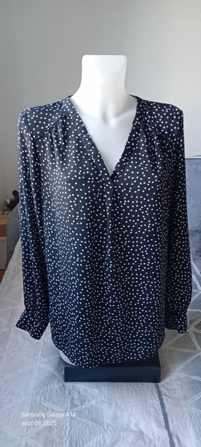 Blouse longue fluide col V manches longues à pois noir et blanc femme XL - photo numéro 3