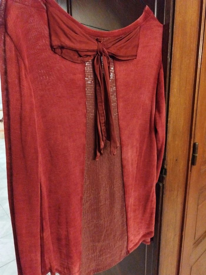 T-shirt top bordeaux sequin nœud dos y2k L/40 - photo numéro 4